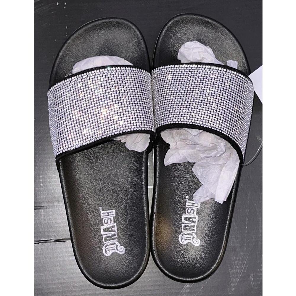 Brash Sandals Slides Comfort Black Silver Rhinestone Sparkle Bling Y2K Sz 7 NIB